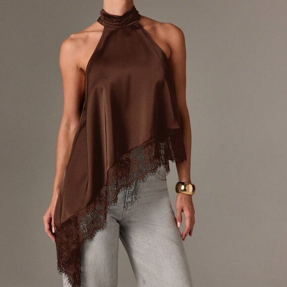 Brown elegant Women's Sleeveless High Neck Lace Trim Asymmetric Satin Top - Picture 1 of 5